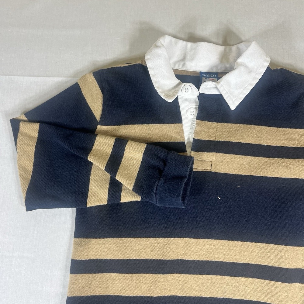 Old Navy Boys Rugby Shirt Size S 6-7 Navy Tan Striped Long Sleeve Cotton Preppy